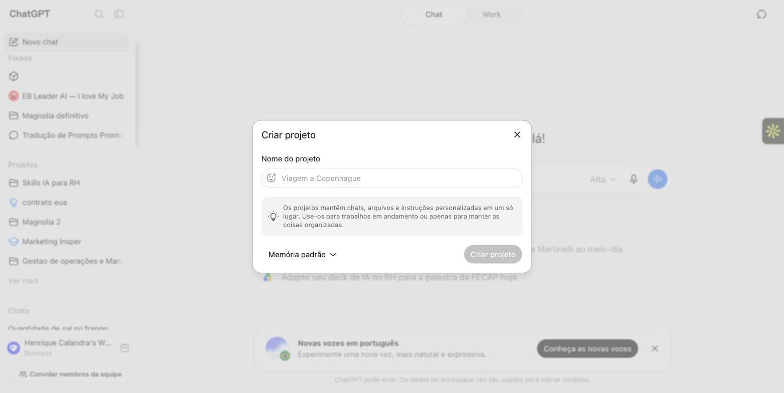 Caixa de criar projeto no ChatGPT
