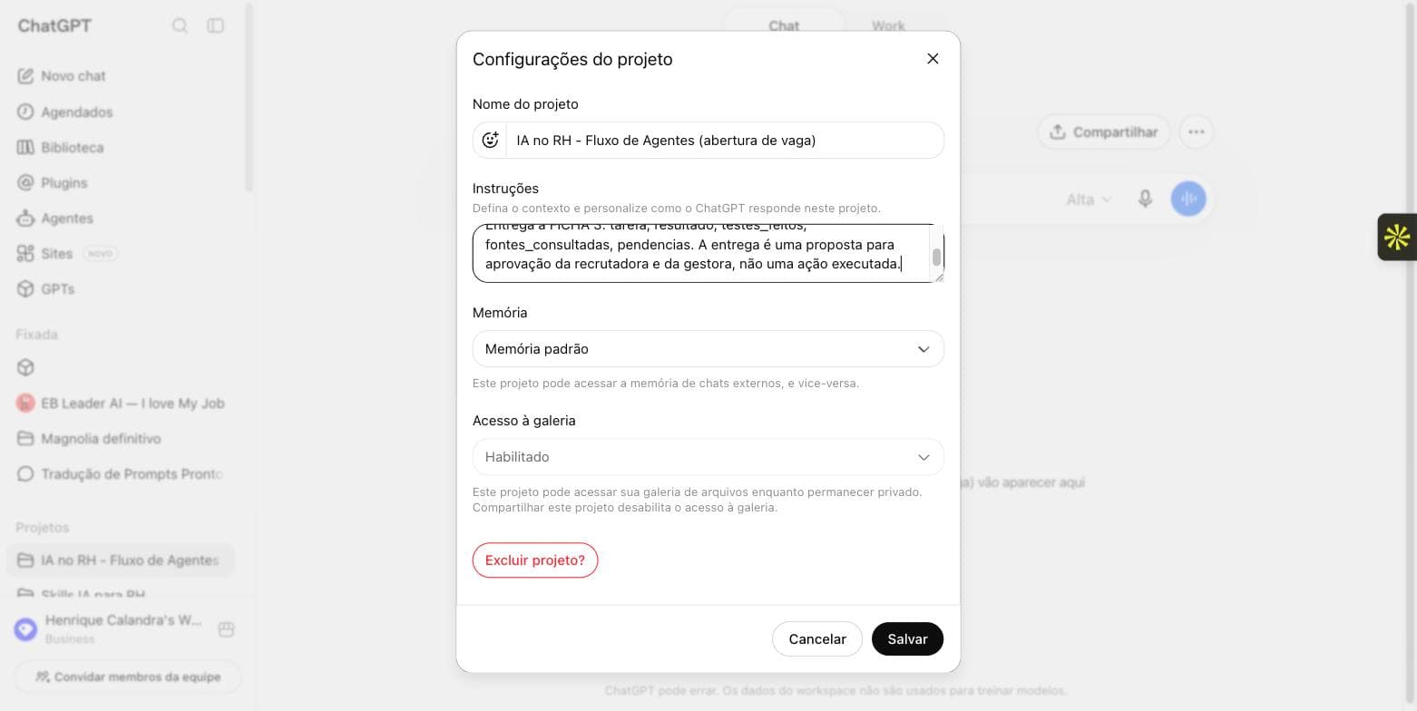 Campo de instruções do projeto no ChatGPT com a descrição dos três papéis
