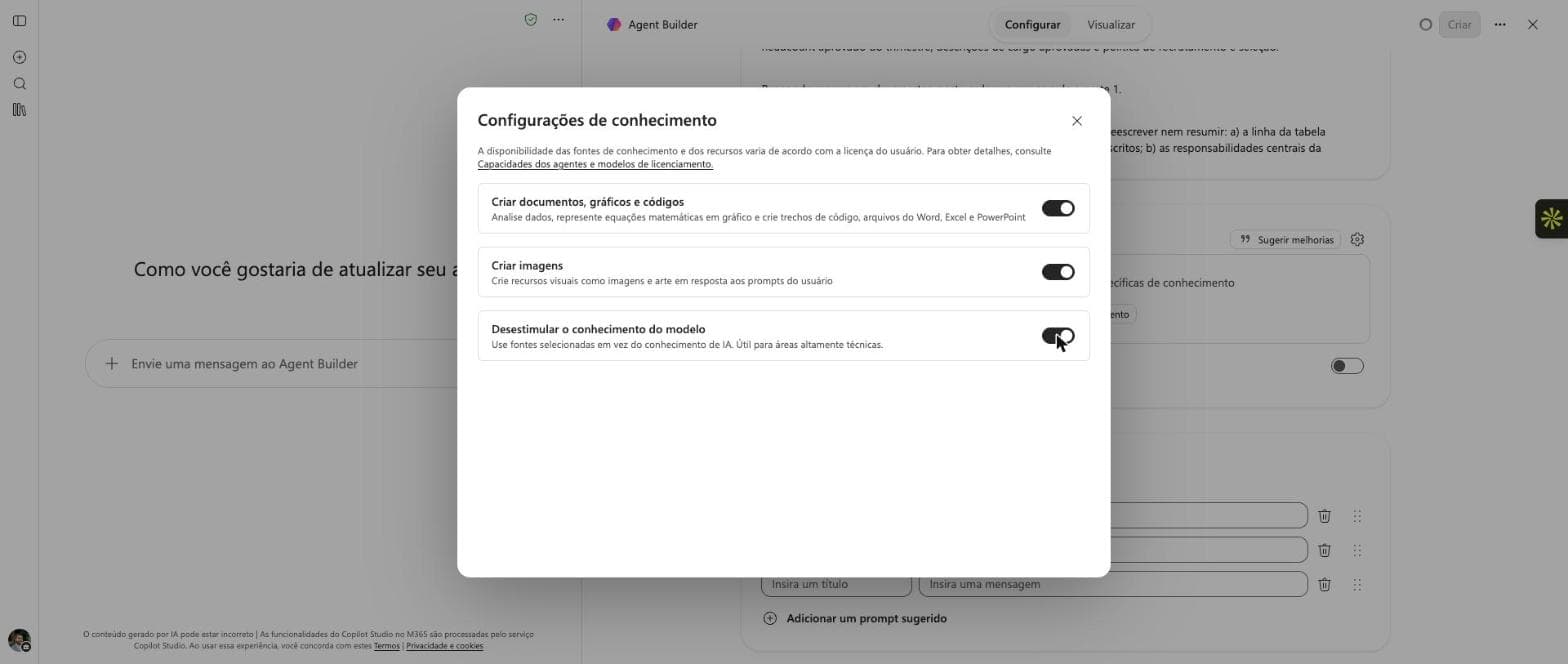 Configurações de conhecimento do agente no Copilot do M365, com a opção de desestimular o conhecimento do modelo