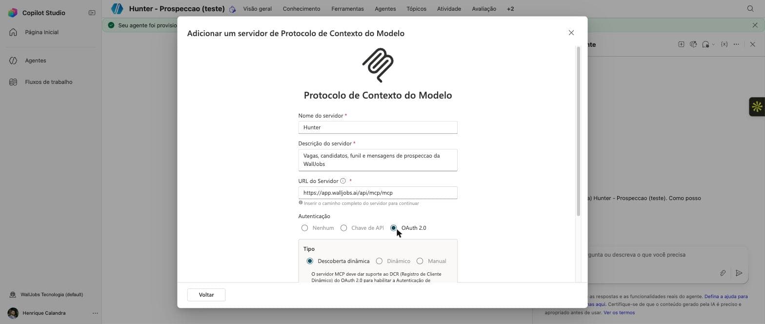 Formulário do servidor MCP no Copilot Studio, com URL e OAuth por descoberta dinâmica