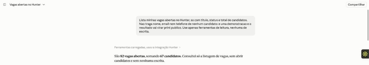Claude chamando a ferramenta do Hunter e respondendo com o total de vagas abertas
