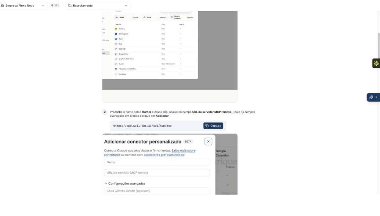 Tela de configuração do conector personalizado, com a URL do servidor MCP do Hunter