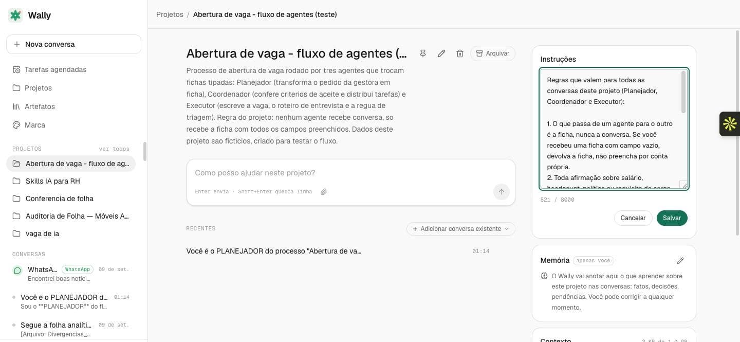 Campo de instruções do projeto no Wally, com as regras comuns aos três agentes