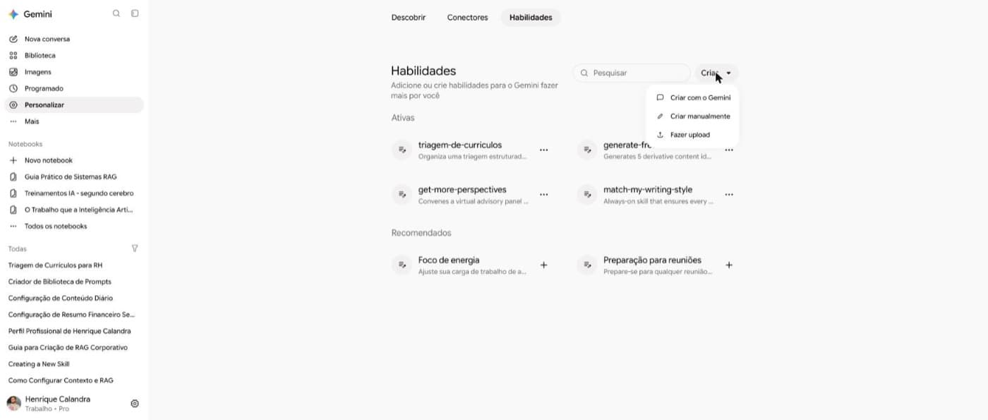Menu Criar, opção Fazer upload.